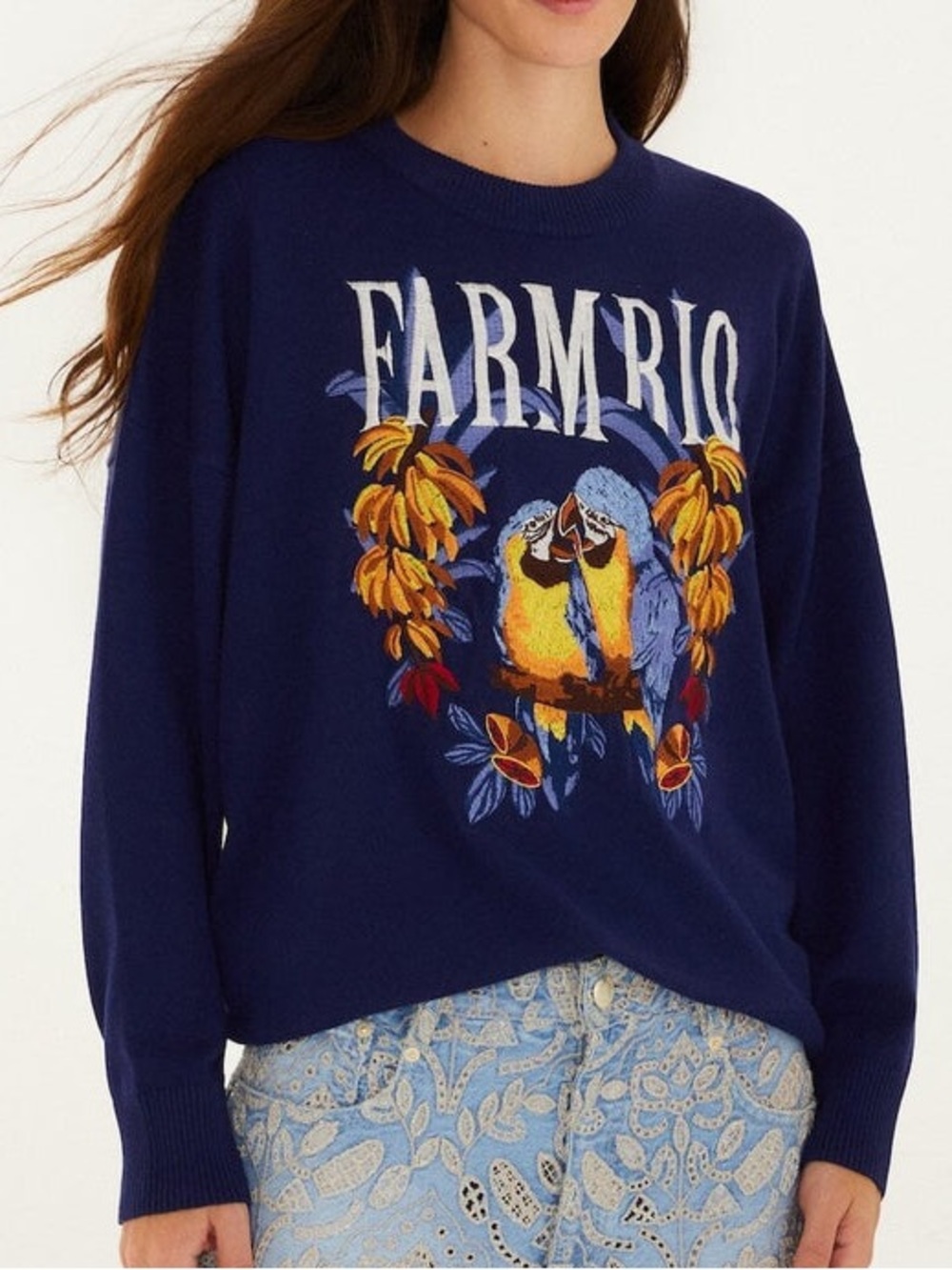 NEW Farm Rio Dark Blue Love Birds Embroidered Sweater Tropical Bananas Size L